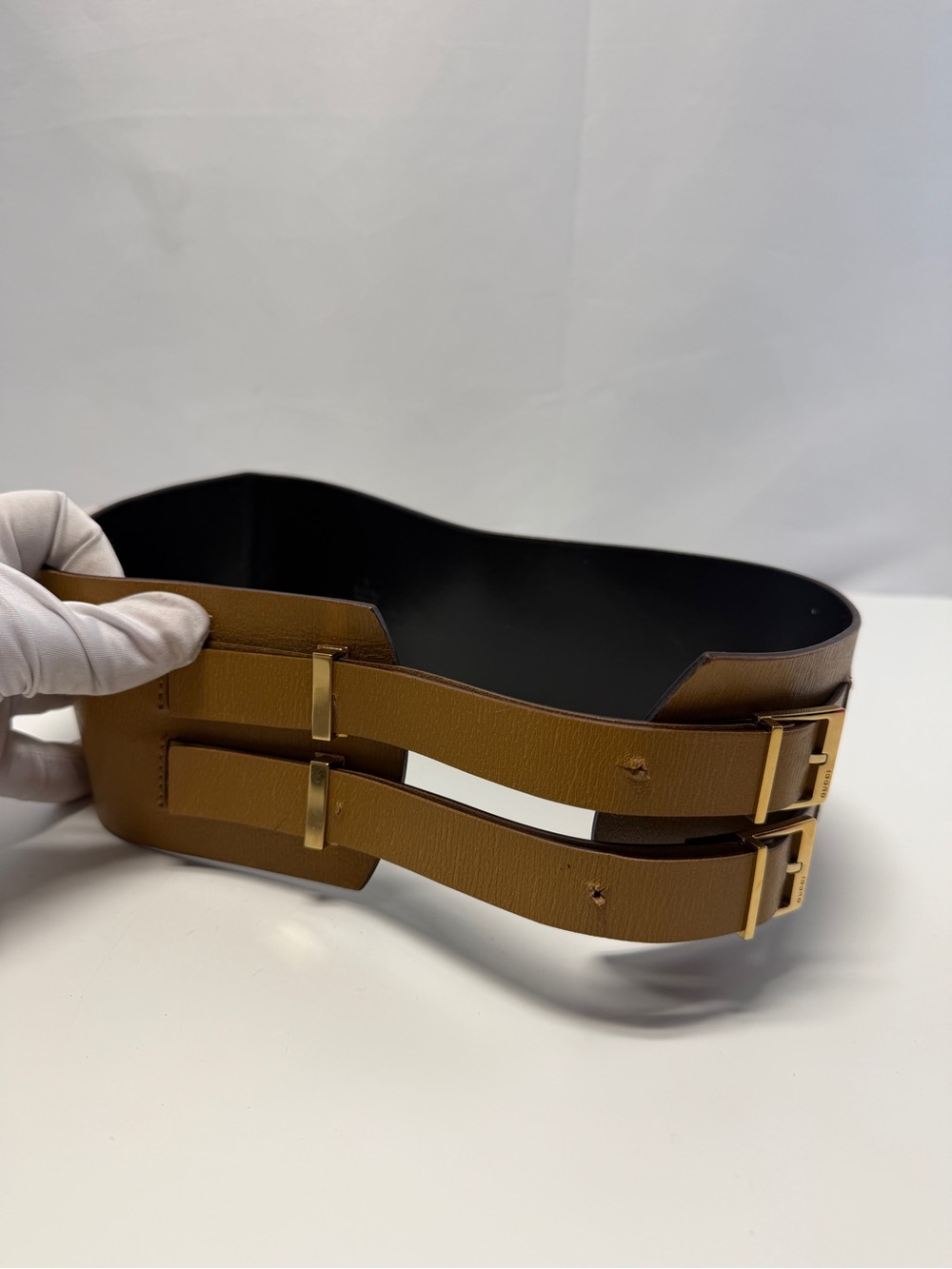 Gucci Brown Double-Strap Leather Waist Belt with Gold Buckles